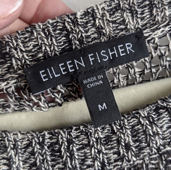 𝅺Eileen Fisher Black Open Weave Sweater M Slouchy Langenlook Layers Sheer - Picture 2 of 12